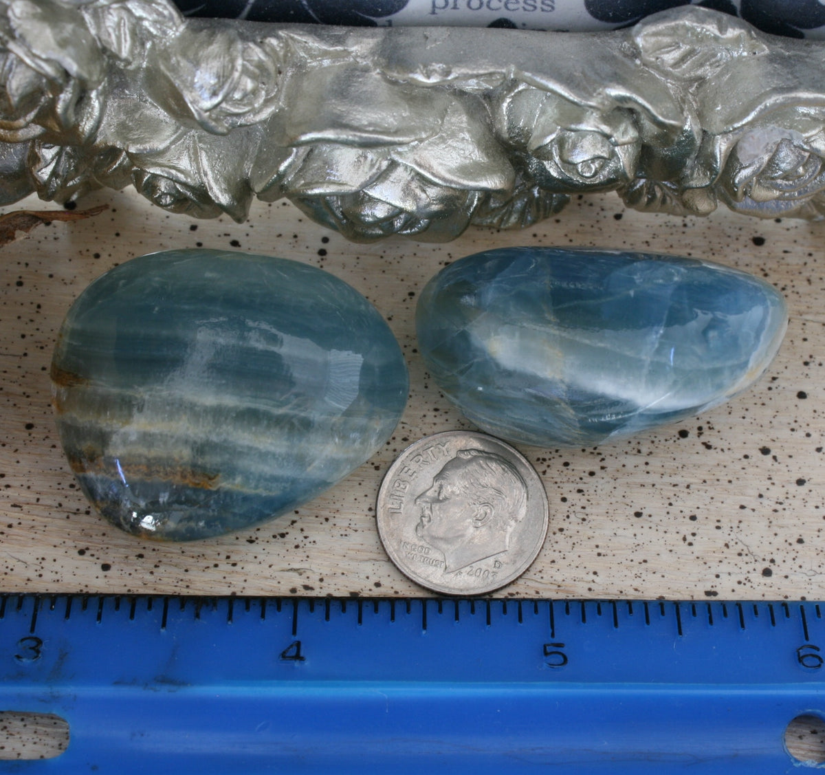 Set of 2 Blue Calcite / Blue Onyx Tumbled Stone from Argentina, also called Lemurian Aquatine Calcite, TUM6