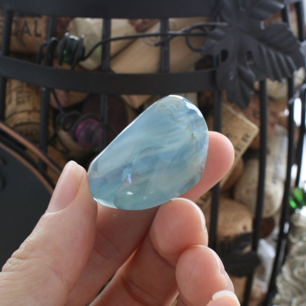 Blue Calcite / Blue Onyx Tumbled Stone from Argentina, also called Lemurian Aquatine Calcite, TUM9