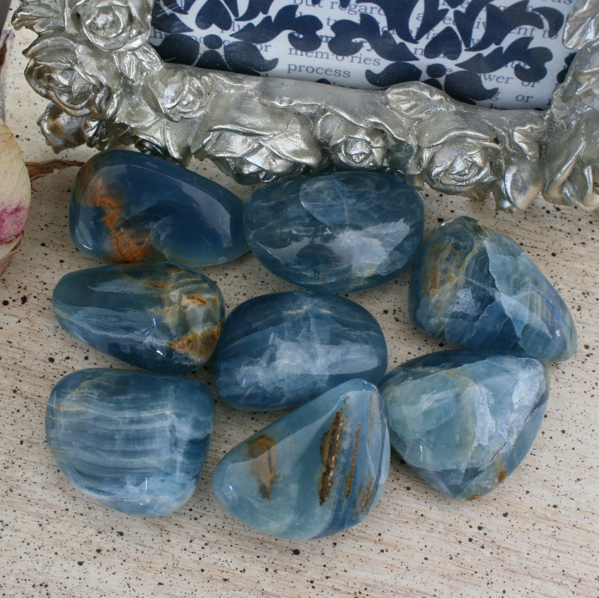 Blue Calcite / Blue Onyx Tumbled Stone from Argentina, also called Lemurian Aquatine Calcite, TUM11