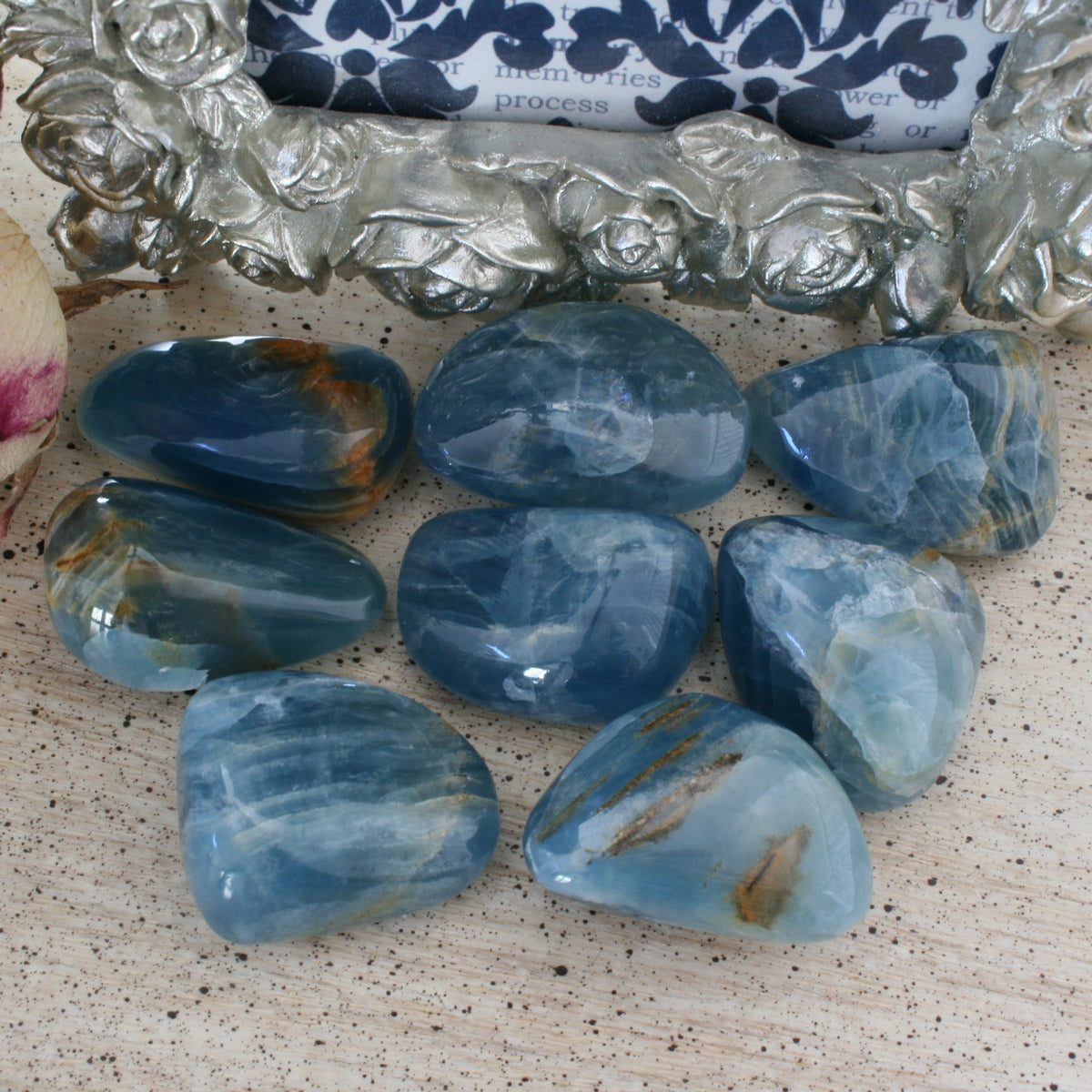 Blue Calcite / Blue Onyx Tumbled Stone from Argentina, also called Lemurian Aquatine Calcite, TUM11