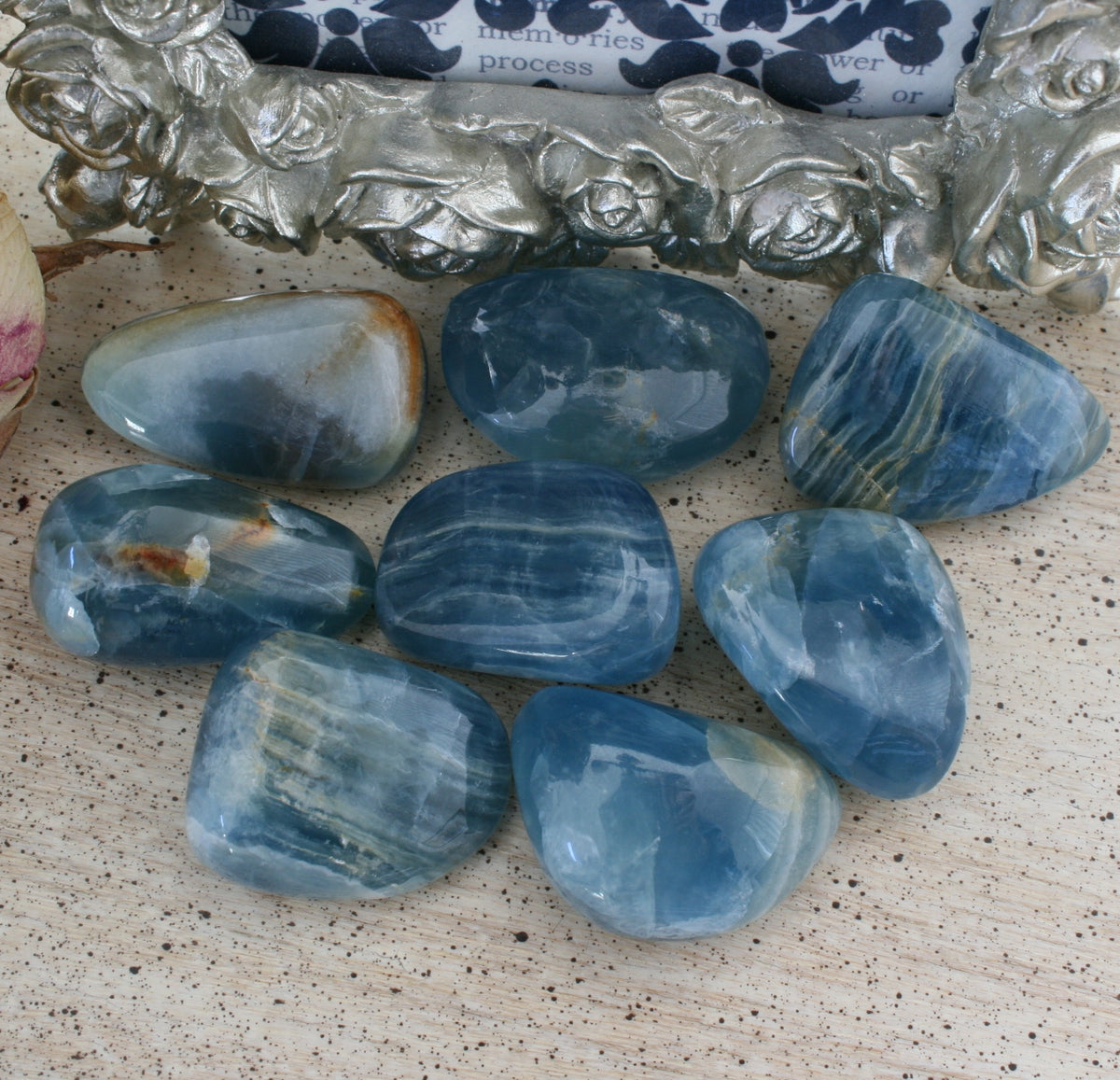 Blue Calcite / Blue Onyx Tumbled Stone from Argentina, also called Lemurian Aquatine Calcite, TUM11