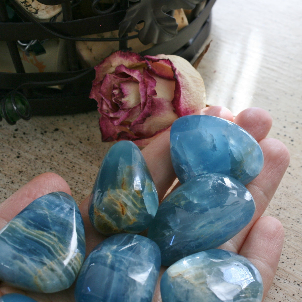 Blue Calcite / Blue Onyx Tumbled Stone from Argentina, also called Lemurian Aquatine Calcite, TUM11