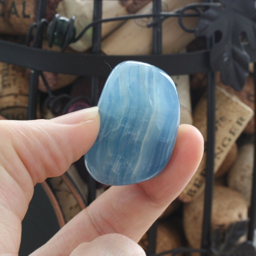 Blue Calcite / Blue Onyx Tumbled Stone from Argentina, also called Lemurian Aquatine Calcite, TUM11