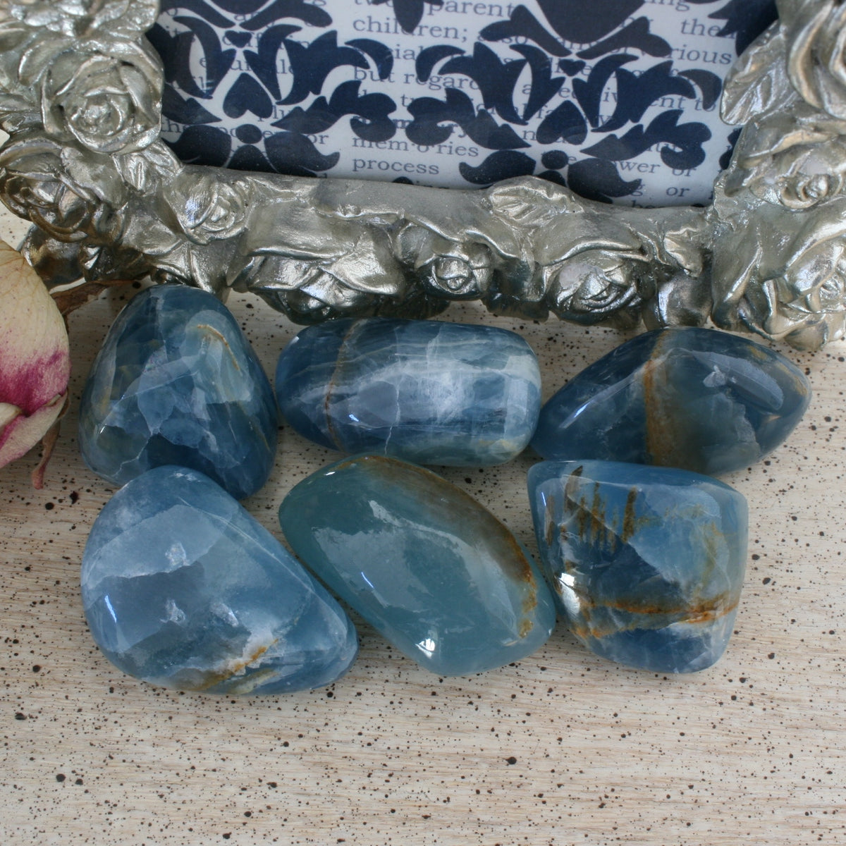 Blue Calcite / Blue Onyx Tumbled Stone from Argentina, also called Lemurian Aquatine Calcite, TUM12