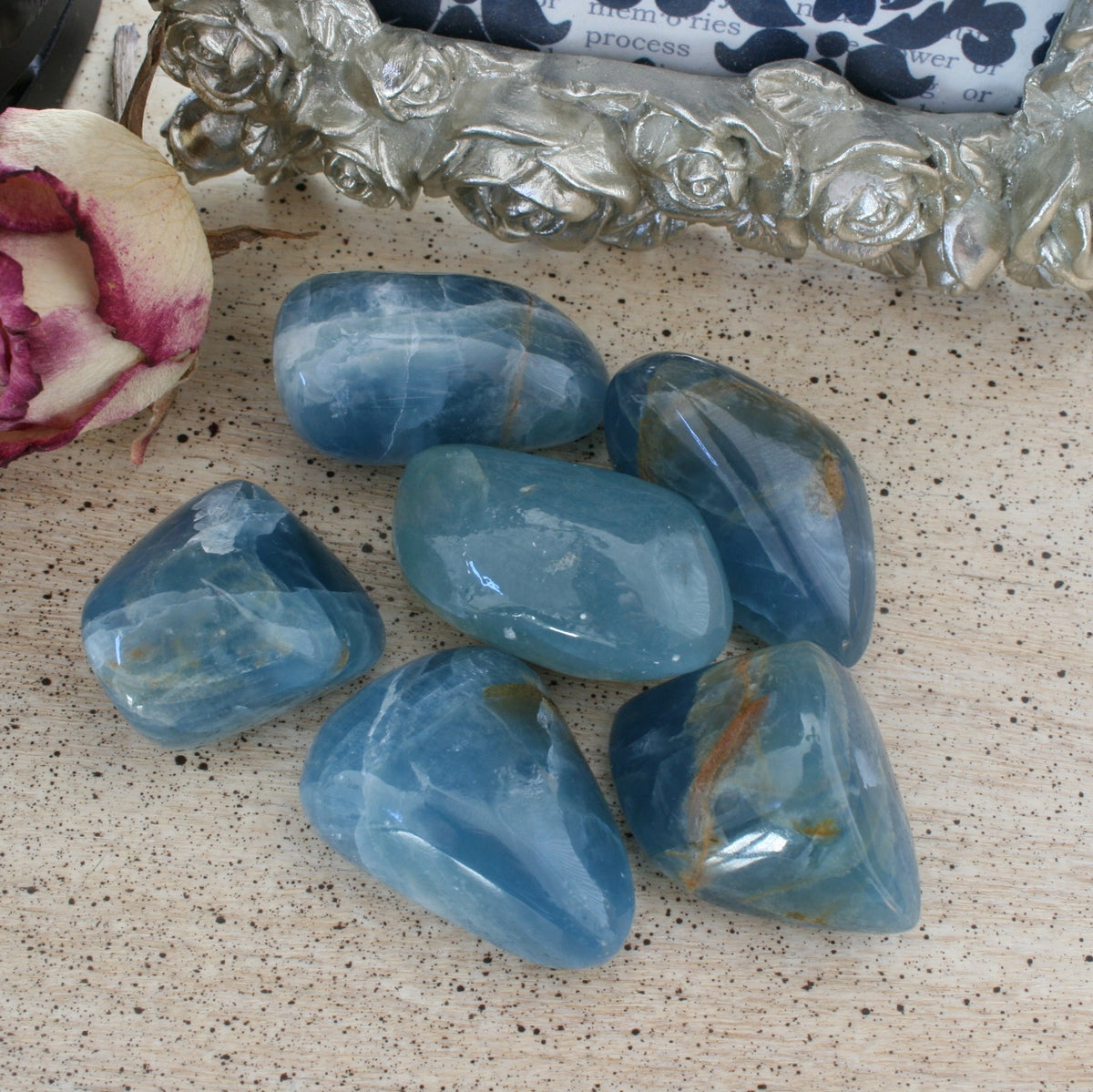 Blue Calcite / Blue Onyx Tumbled Stone from Argentina, also called Lemurian Aquatine Calcite, TUM12