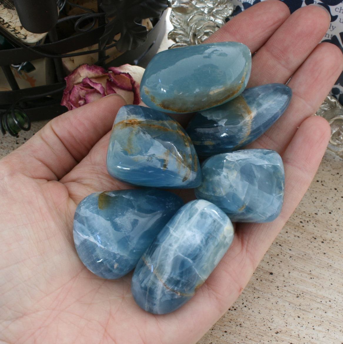 Blue Calcite / Blue Onyx Tumbled Stone from Argentina, also called Lemurian Aquatine Calcite, TUM12