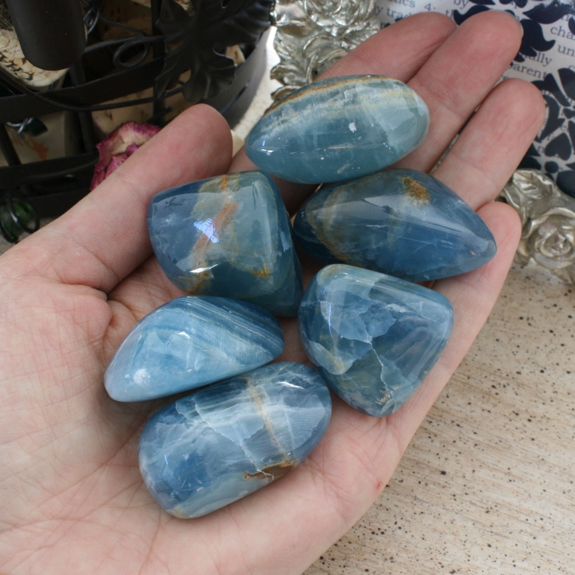 Blue Calcite / Blue Onyx Tumbled Stone from Argentina, also called Lemurian Aquatine Calcite, TUM12