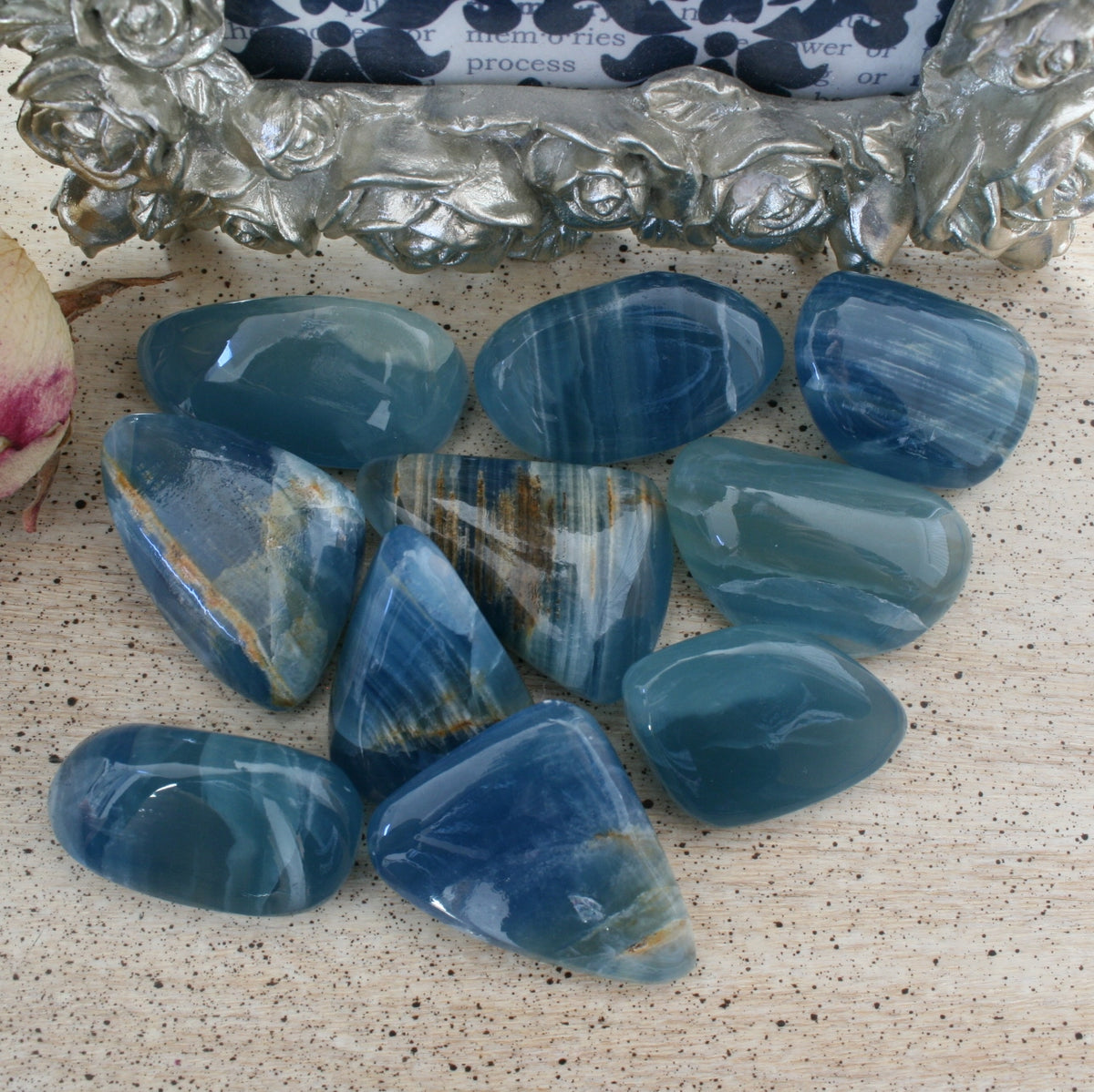 Blue Calcite / Blue Onyx Tumbled Stone from Argentina, also called Lemurian Aquatine Calcite, TUM13