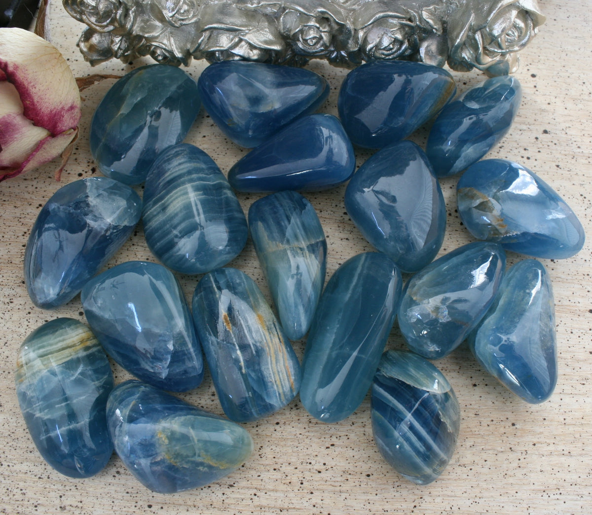 Blue Calcite / Blue Onyx Tumbled Stone from Argentina, also called Lemurian Aquatine Calcite, TUM14