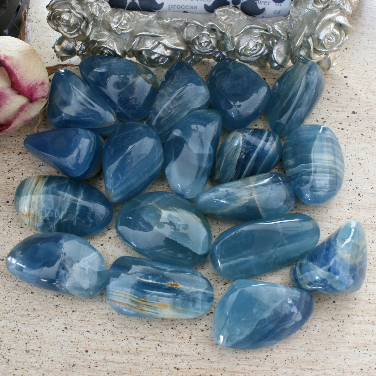 Blue Calcite / Blue Onyx Tumbled Stone from Argentina, also called Lemurian Aquatine Calcite, TUM14