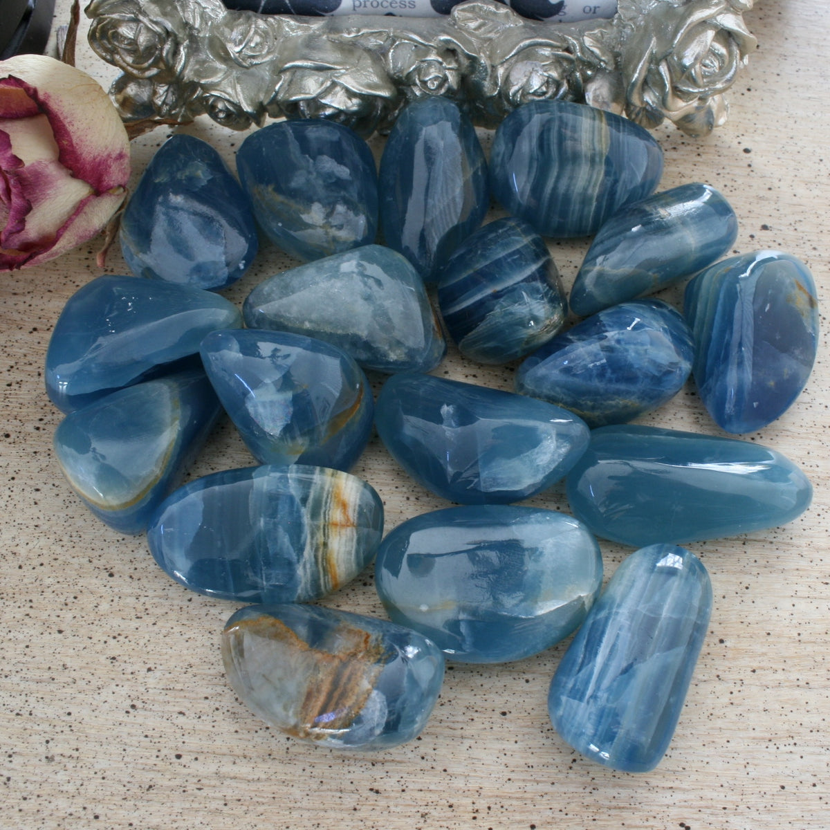 Blue Calcite / Blue Onyx Tumbled Stone from Argentina, also called Lemurian Aquatine Calcite, TUM14