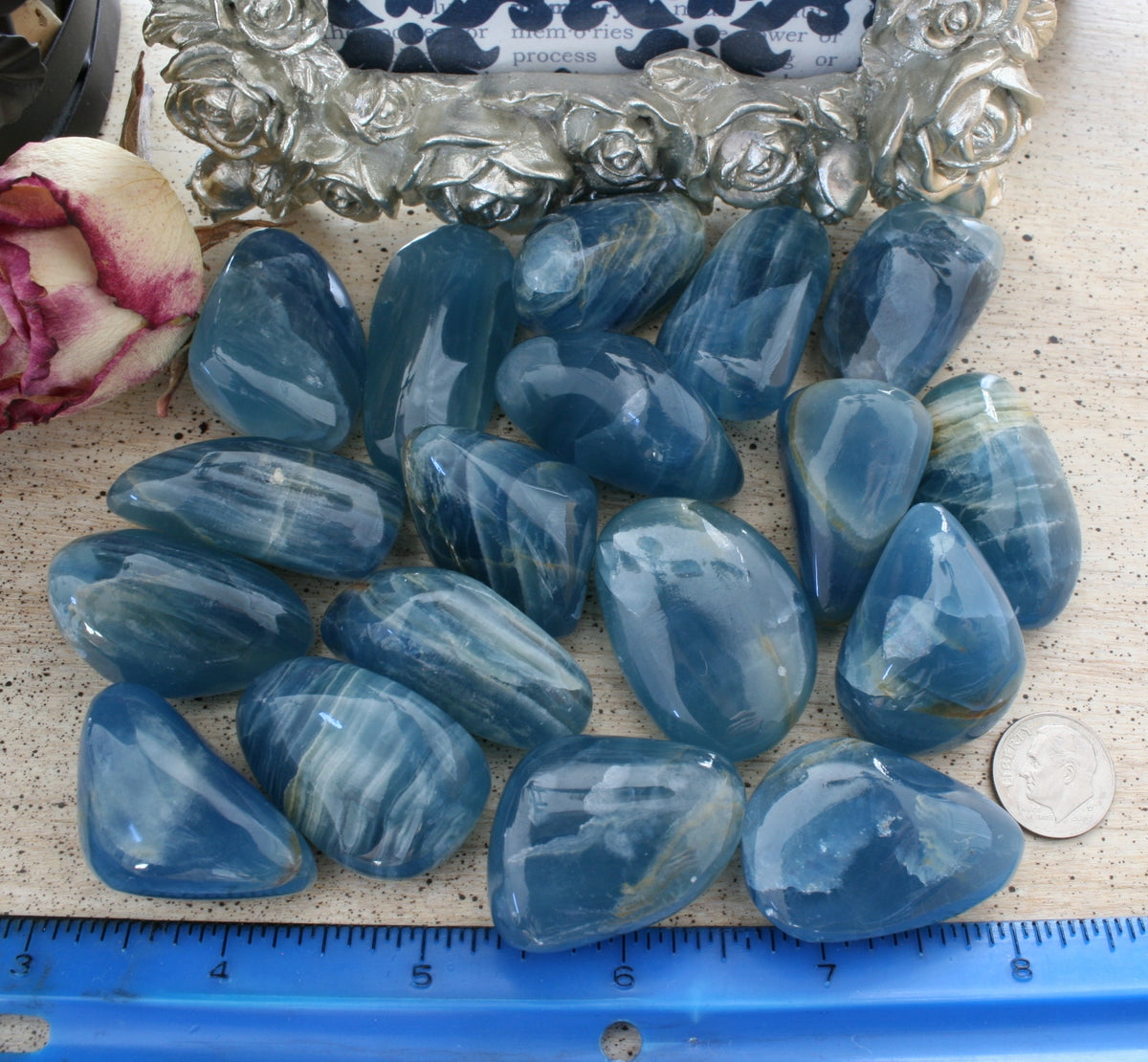 Blue Calcite / Blue Onyx Tumbled Stone from Argentina, also called Lemurian Aquatine Calcite, TUM14