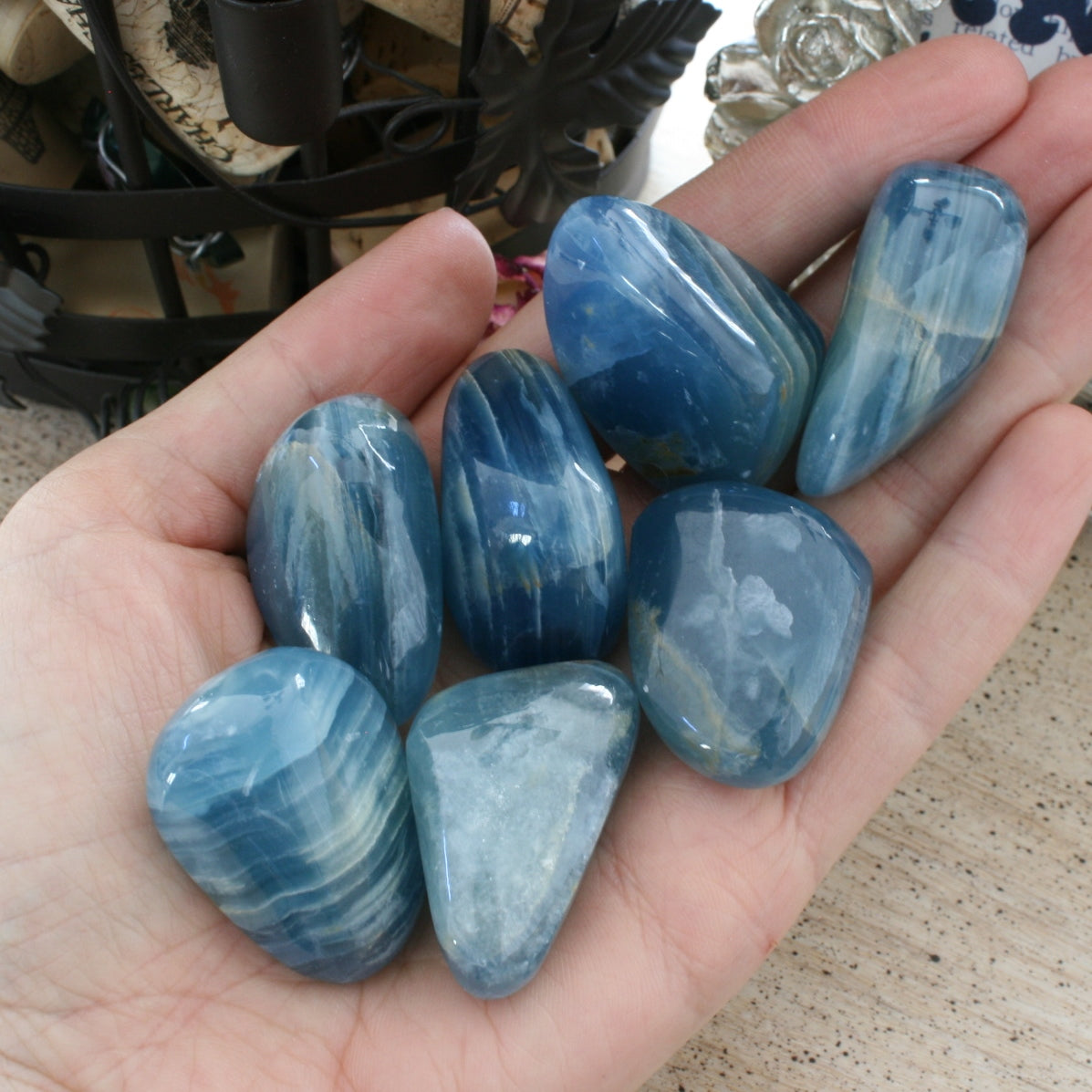 Blue Calcite / Blue Onyx Tumbled Stone from Argentina, also called Lemurian Aquatine Calcite, TUM14