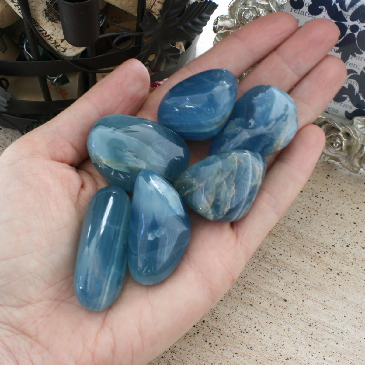 Blue Calcite / Blue Onyx Tumbled Stone from Argentina, also called Lemurian Aquatine Calcite, TUM14