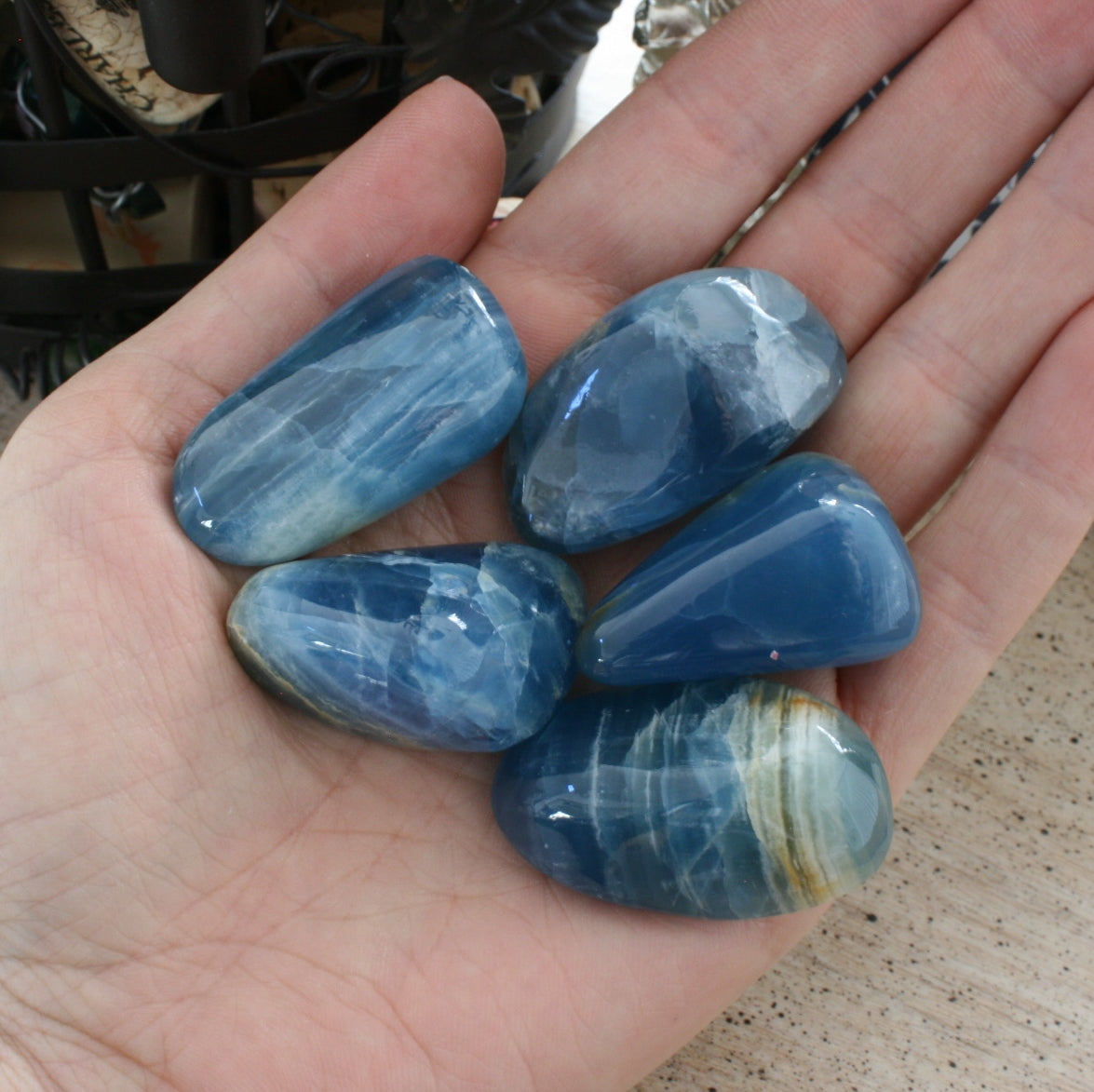 Blue Calcite / Blue Onyx Tumbled Stone from Argentina, also called Lemurian Aquatine Calcite, TUM14