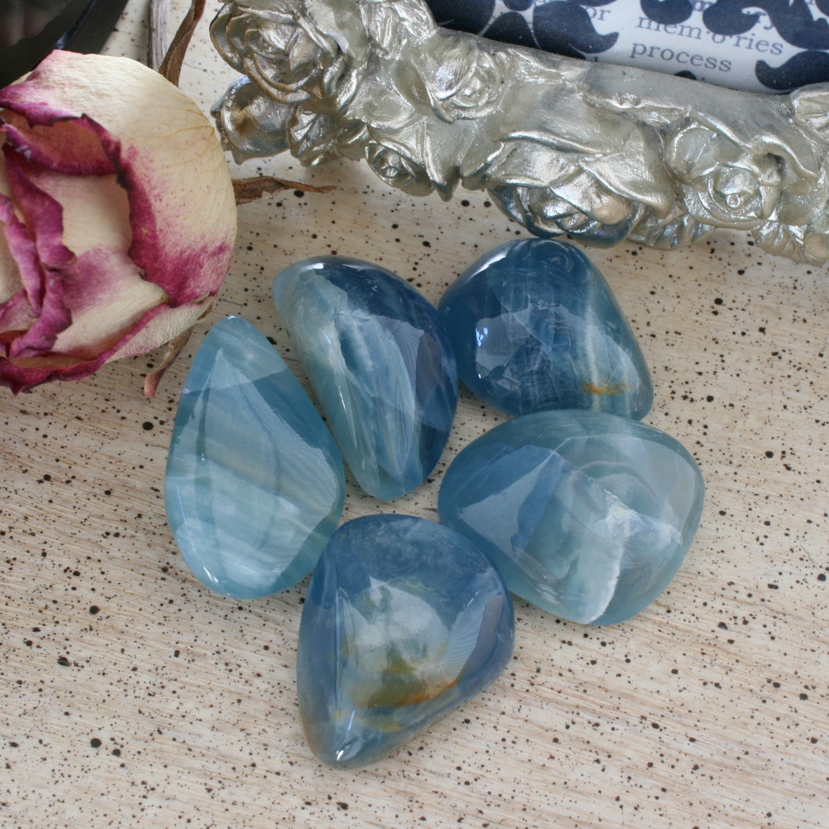 Blue Calcite / Blue Onyx Tumbled Stone from Argentina, also called Lemurian Aquatine Calcite, TUM16