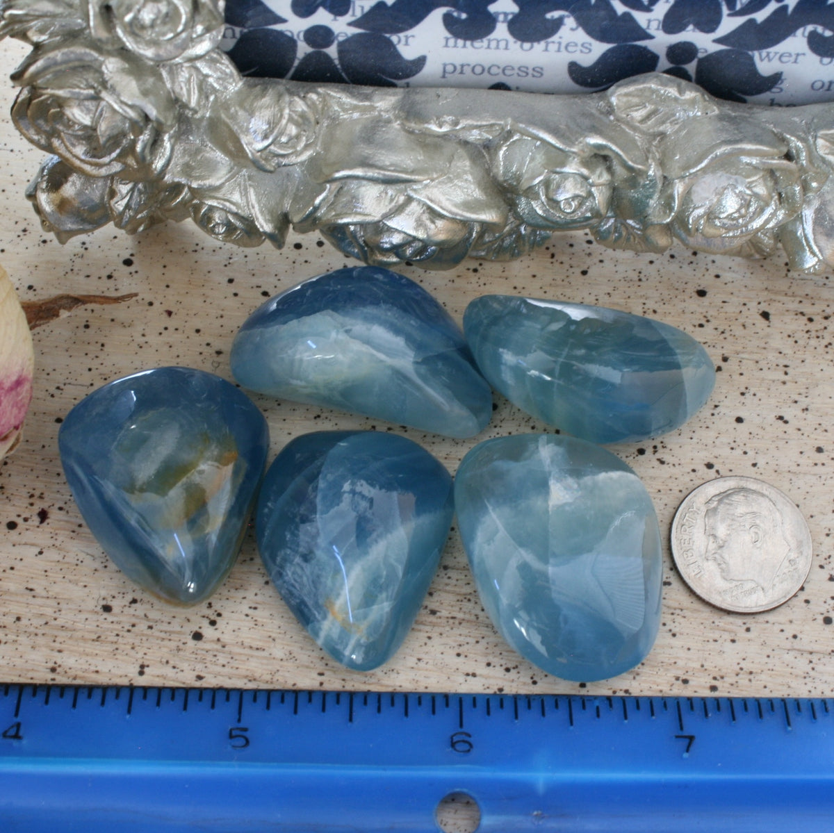 Blue Calcite / Blue Onyx Tumbled Stone from Argentina, also called Lemurian Aquatine Calcite, TUM16