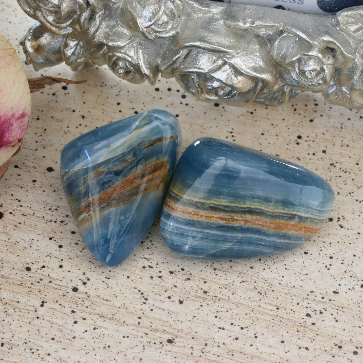 Set of 2 Blue Calcite / Blue Onyx Tumbled Stone from Argentina, also called Lemurian Aquatine Calcite, TUM19