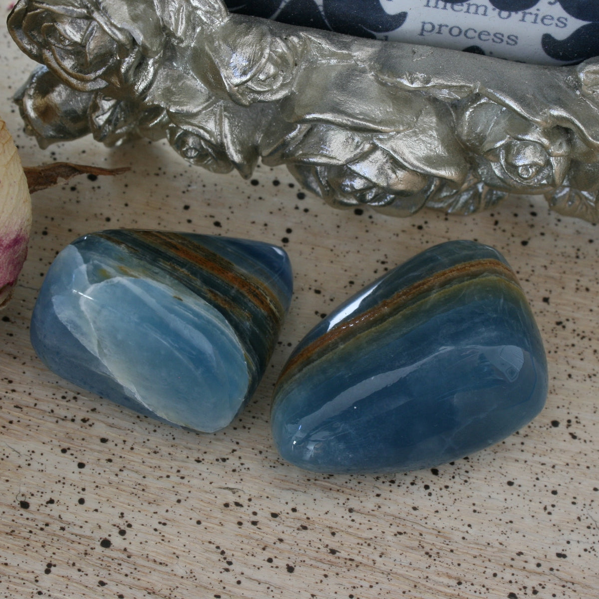 Set of 2 Blue Calcite / Blue Onyx Tumbled Stone from Argentina, also called Lemurian Aquatine Calcite, TUM19