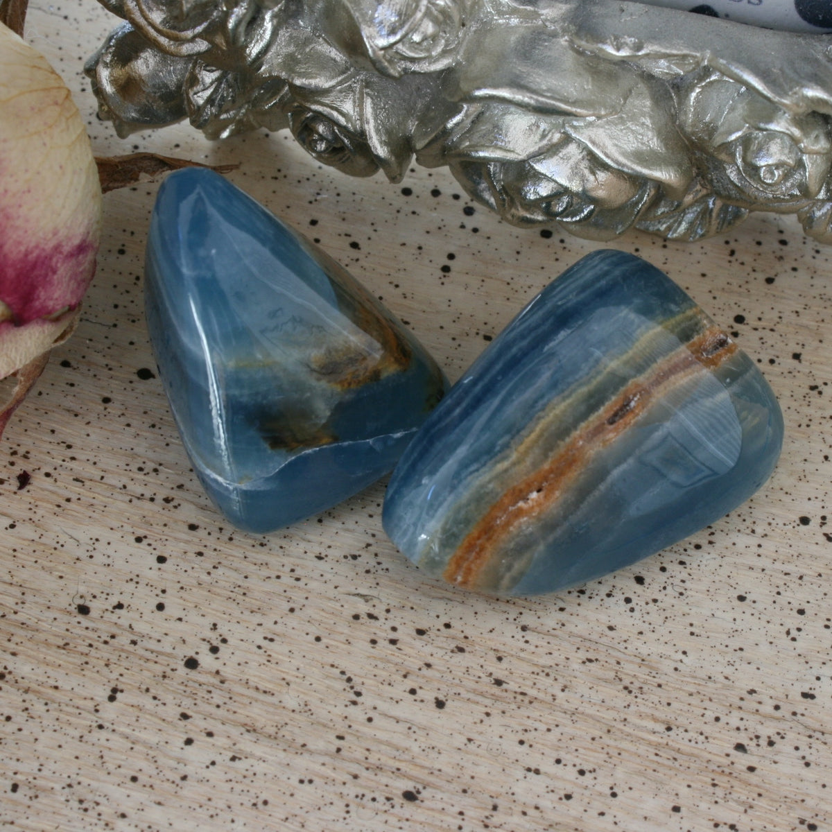 Set of 2 Blue Calcite / Blue Onyx Tumbled Stone from Argentina, also called Lemurian Aquatine Calcite, TUM19