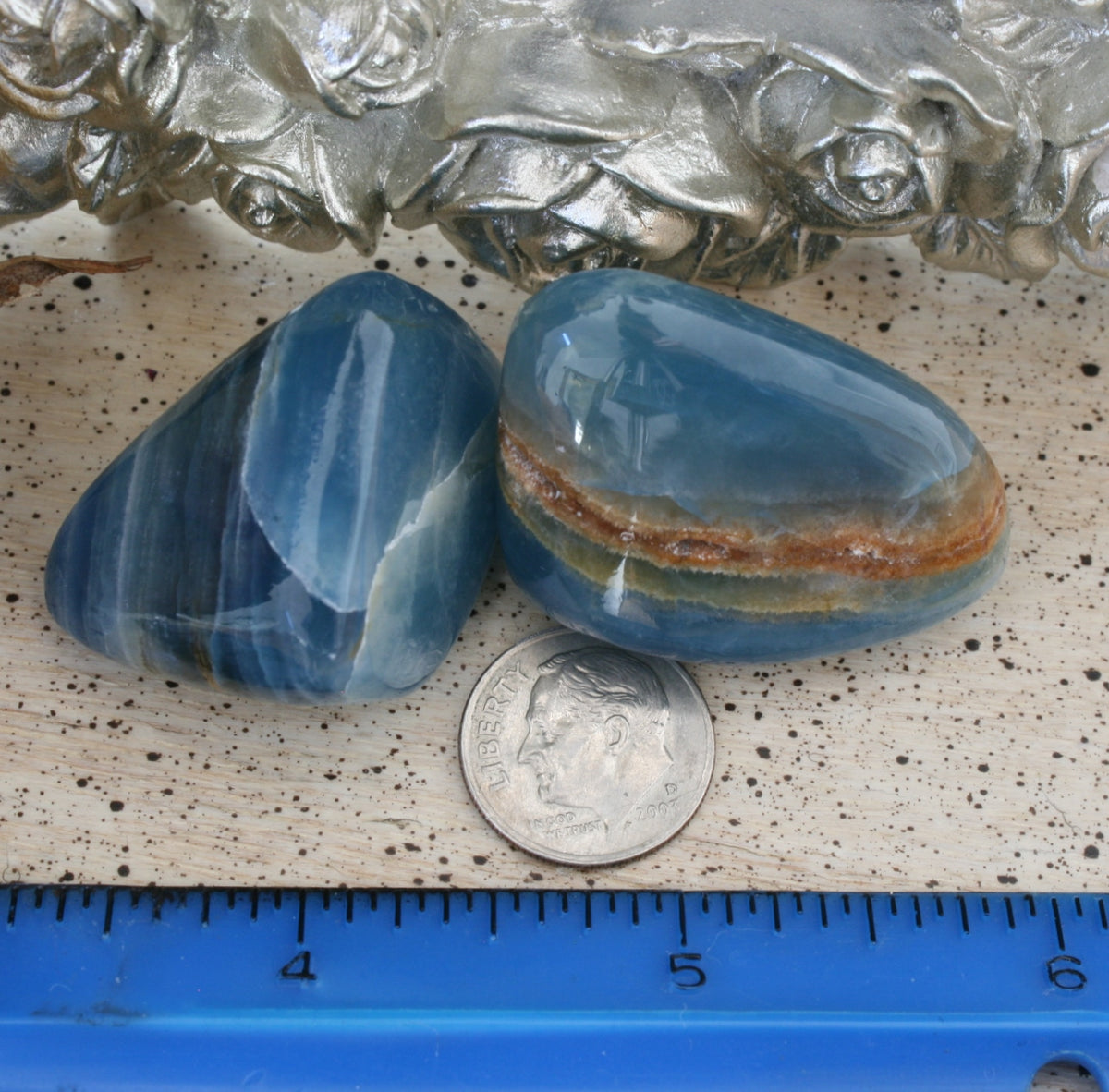 Set of 2 Blue Calcite / Blue Onyx Tumbled Stone from Argentina, also called Lemurian Aquatine Calcite, TUM19