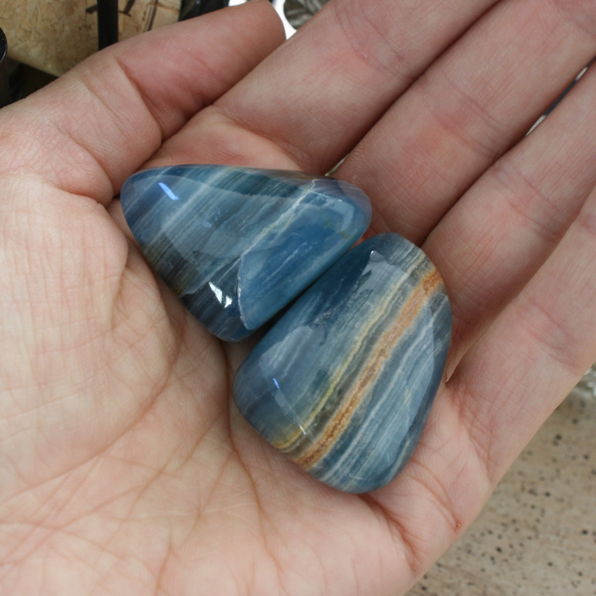 Set of 2 Blue Calcite / Blue Onyx Tumbled Stone from Argentina, also called Lemurian Aquatine Calcite, TUM19