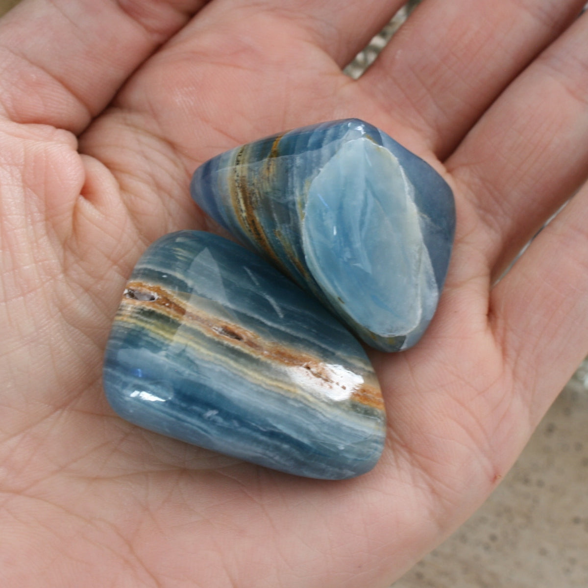 Set of 2 Blue Calcite / Blue Onyx Tumbled Stone from Argentina, also called Lemurian Aquatine Calcite, TUM19