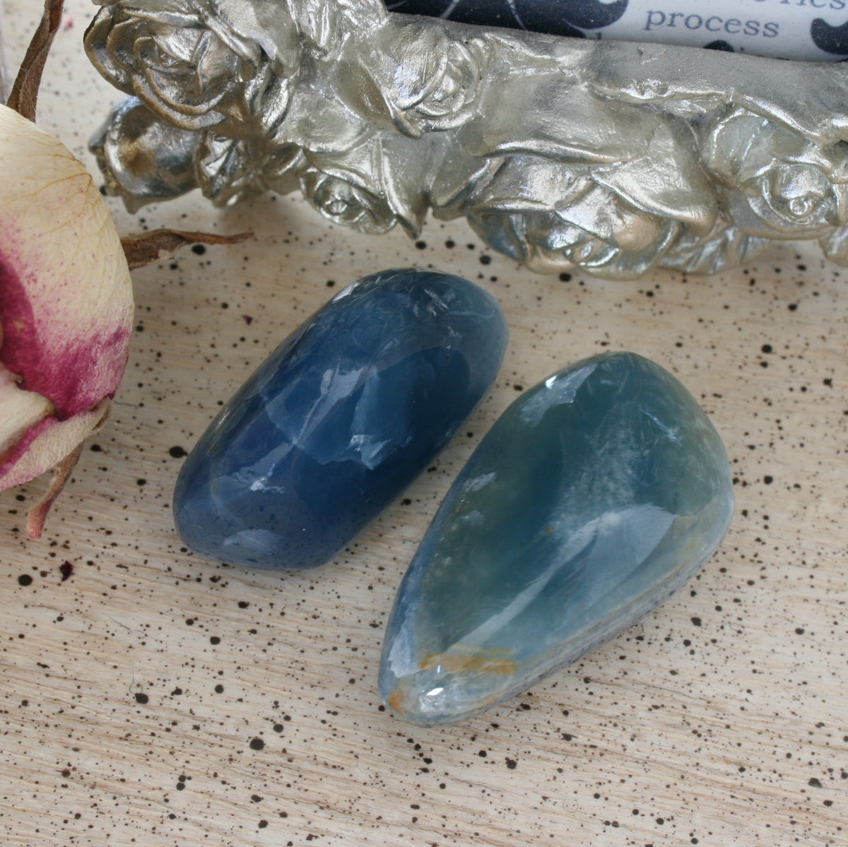 Set of 2 Blue Calcite / Blue Onyx Tumbled Stone from Argentina, also called Lemurian Aquatine Calcite, TUM20