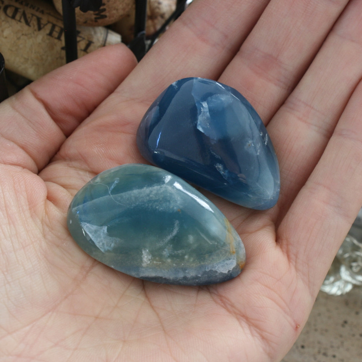 Set of 2 Blue Calcite / Blue Onyx Tumbled Stone from Argentina, also called Lemurian Aquatine Calcite, TUM20