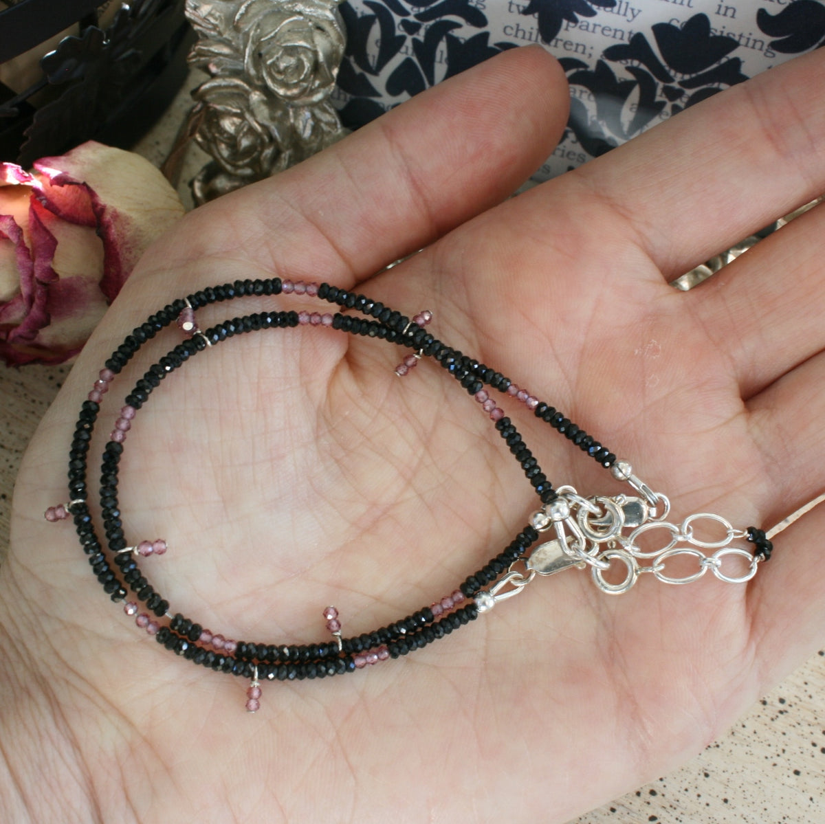 Spinel and Garnet Faceted Bracelet with Sterling Silver Extender