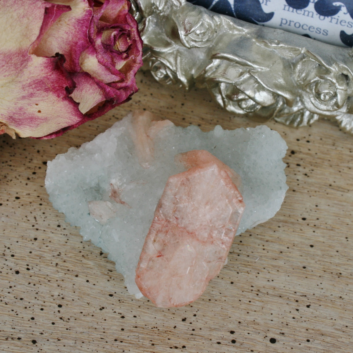 Peach Stilbite on Druse Quartz Stalctites Crystal, 54.3 gm