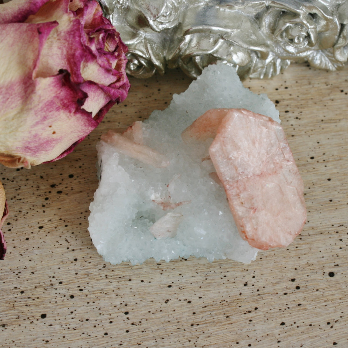 Peach Stilbite on Druse Quartz Stalctites Crystal, 54.3 gm