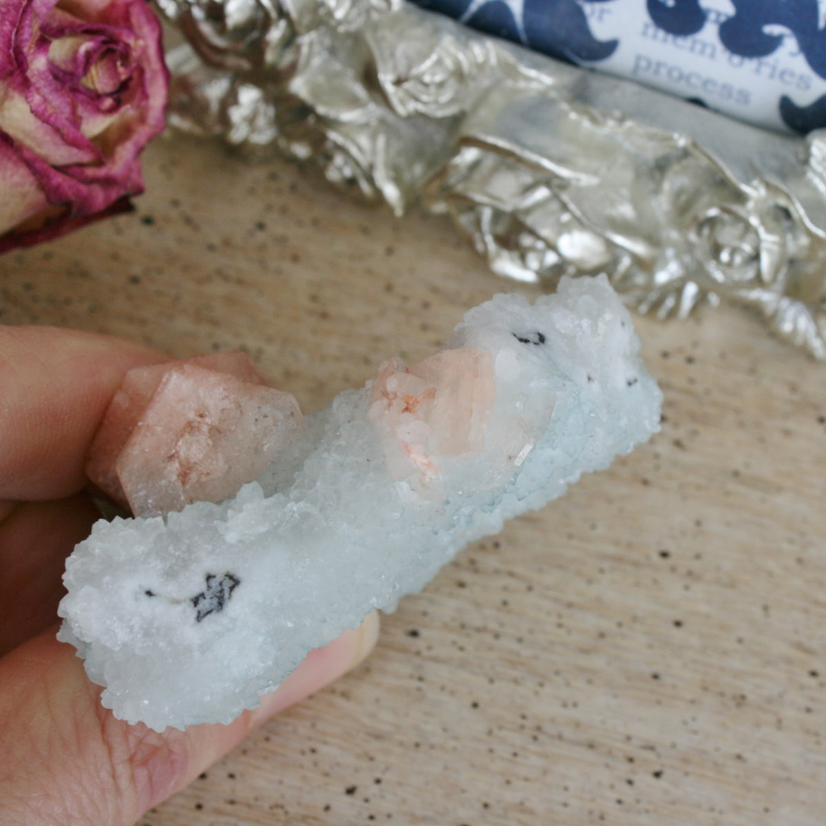 Peach Stilbite on Druse Quartz Stalctites Crystal, 54.3 gm