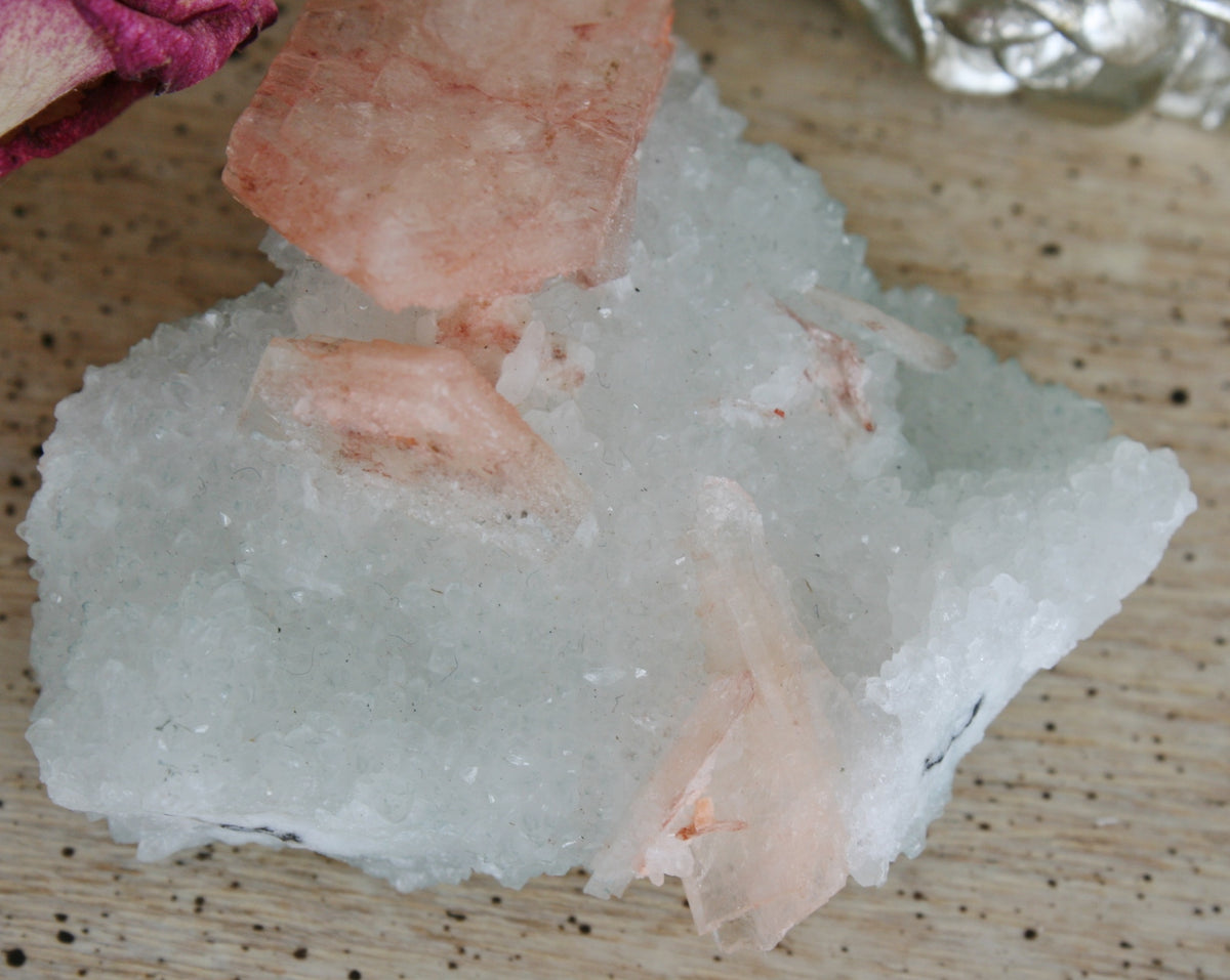 Peach Stilbite on Druse Quartz Stalctites Crystal, 54.3 gm