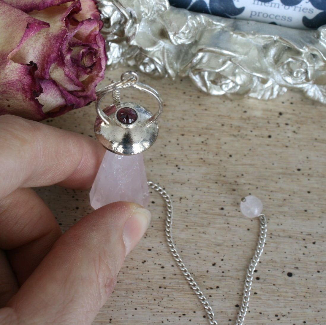 Rose Quartz Pendulum with Garnet Cabochons