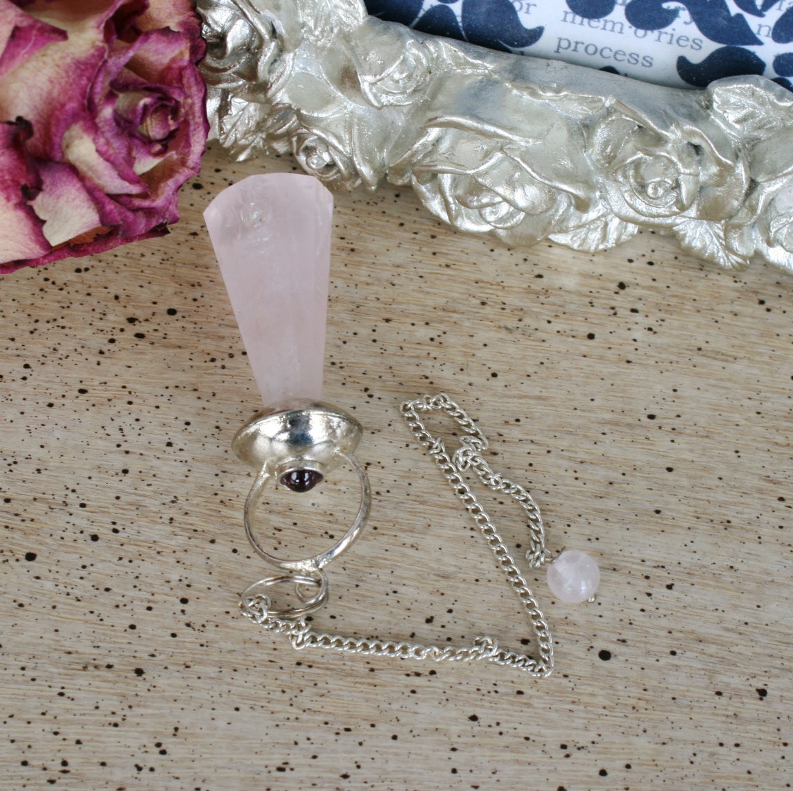 Rose Quartz Pendulum with Garnet Cabochons