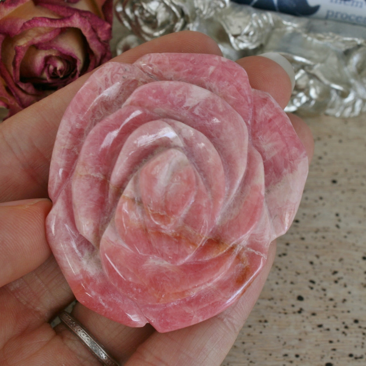 Rhodochrosite Rose Carving from Argentina, 69.8 grams