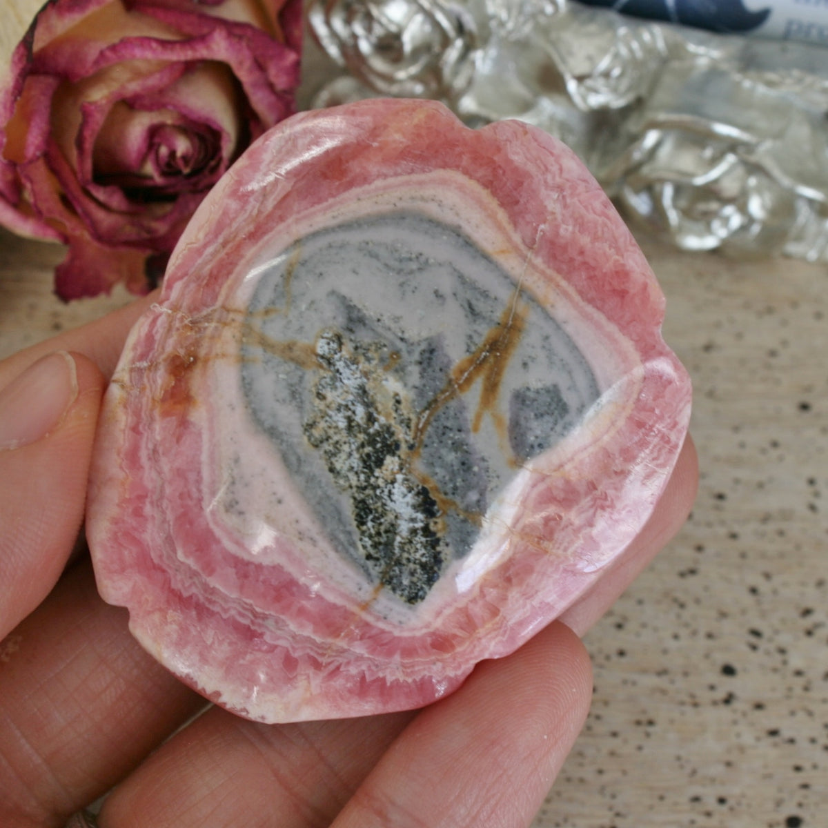 Rhodochrosite Rose Carving from Argentina, 69.8 grams