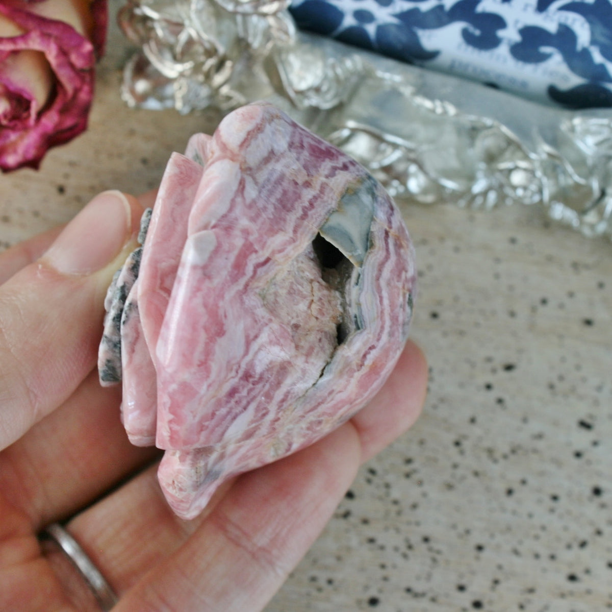 Rhodochrosite Rose Carving from Argentina, 143.3 grams