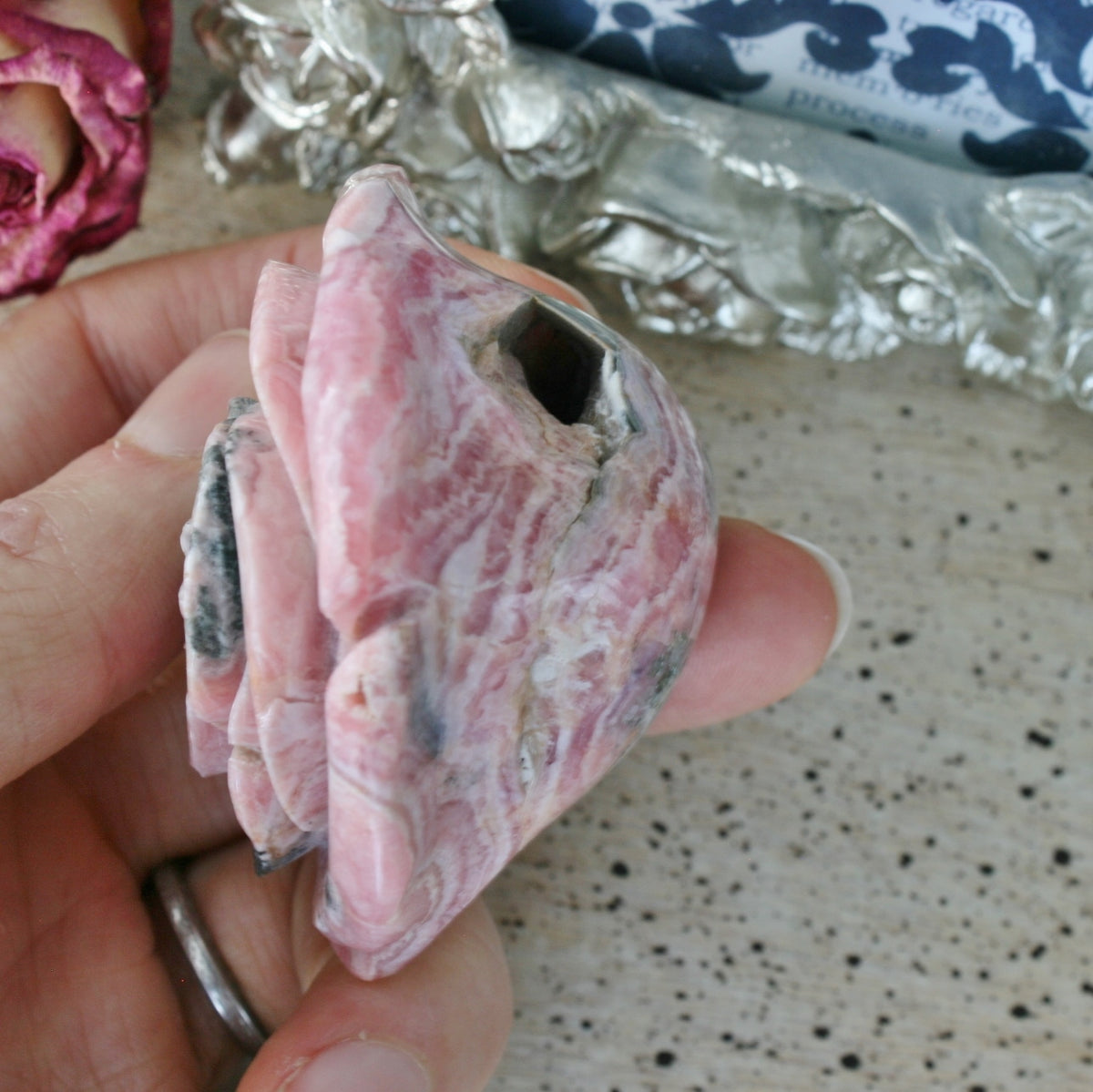 Rhodochrosite Rose Carving from Argentina, 143.3 grams