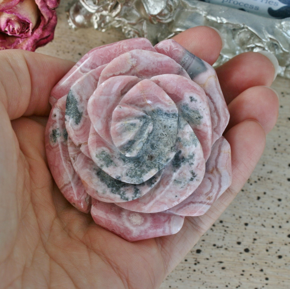 Rhodochrosite Rose Carving from Argentina, 143.3 grams