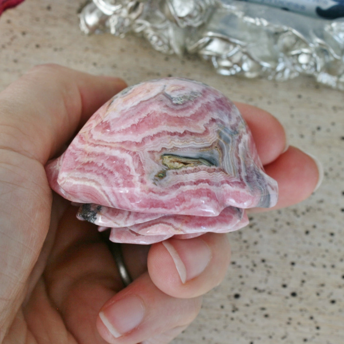 Rhodochrosite Rose Carving from Argentina, 143.3 grams